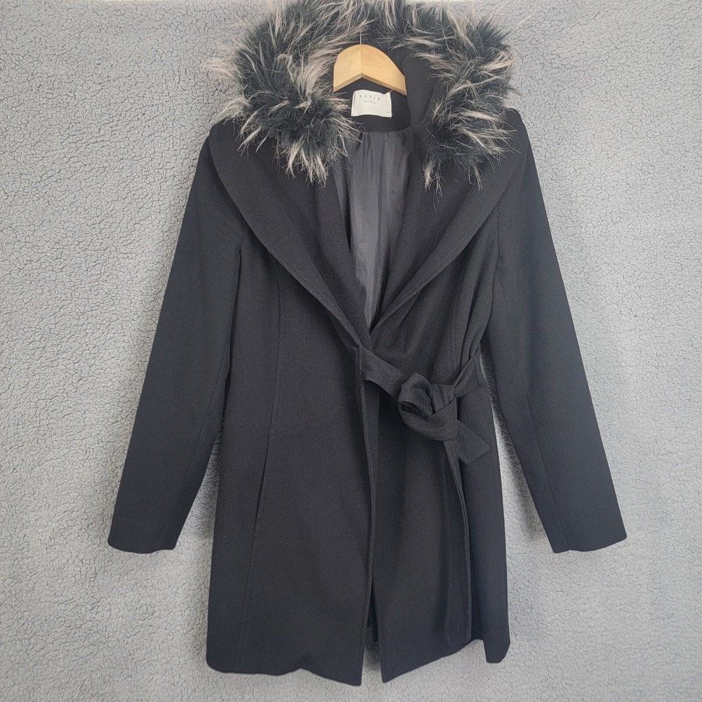 BATIK Out Wear Belted Lined Peacoat Faux Fur Collar Trim Women's Sz 36 US Size M